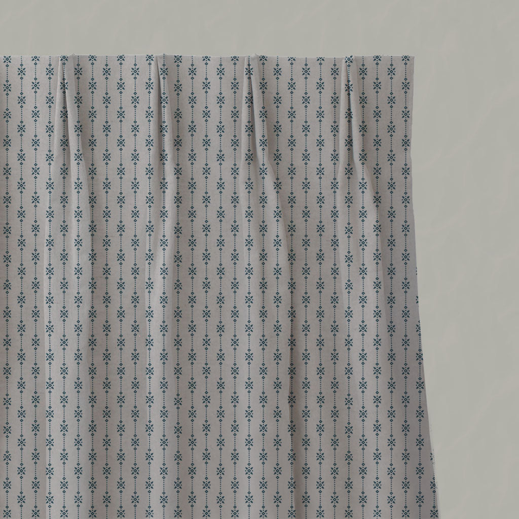 Blue Patterned Linen Pleated Curtains - Nikolet Blue Stone - Natural base fabric.
