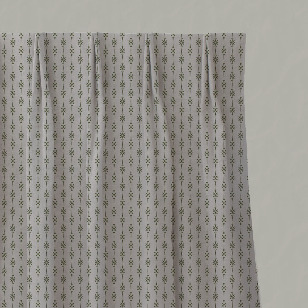 Green Patterned Linen Pleated Curtains - Nikolet Khaki - Natural base fabric.