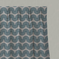 Blue Patterned Linen Pleated Curtains - Ofira Blue Stone - Natural base fabric.