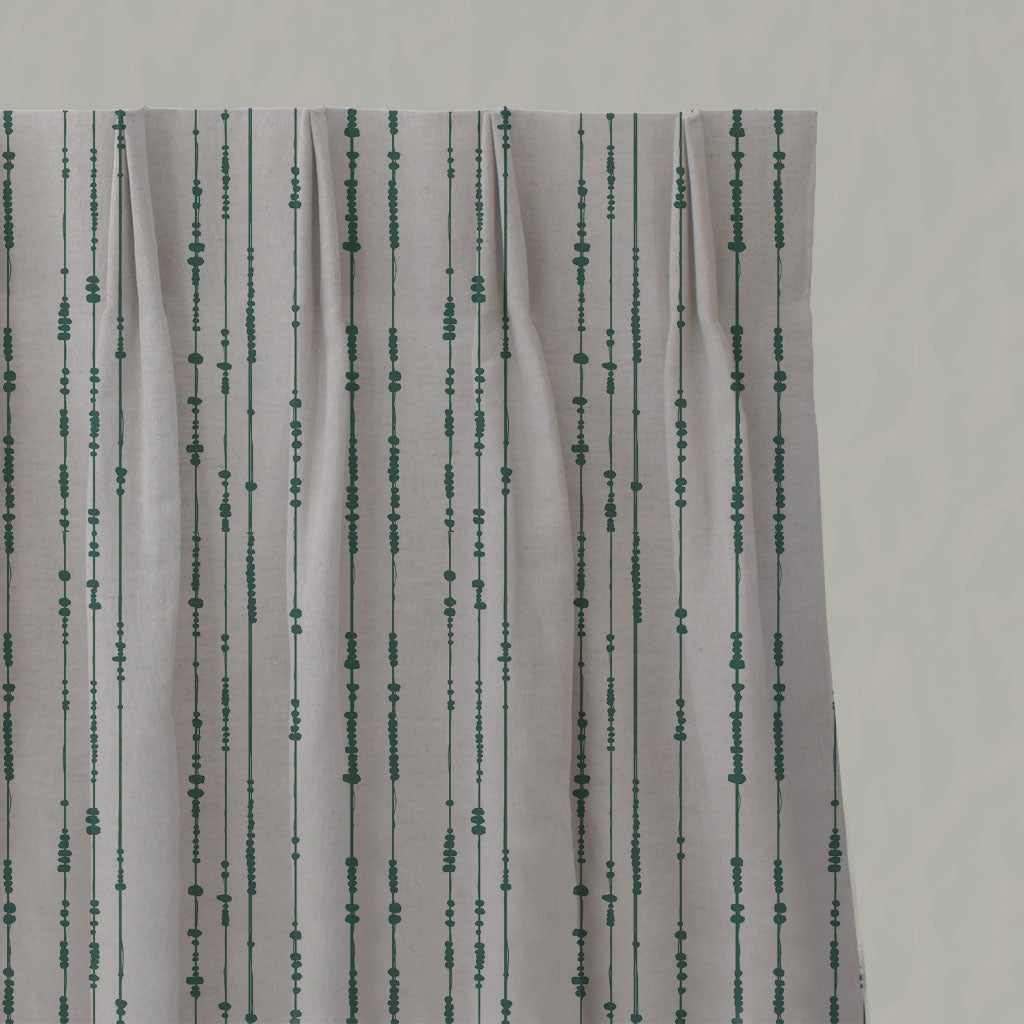Green Patterned Linen Pleated Curtains - Pearls Fern - Natural base fabric.