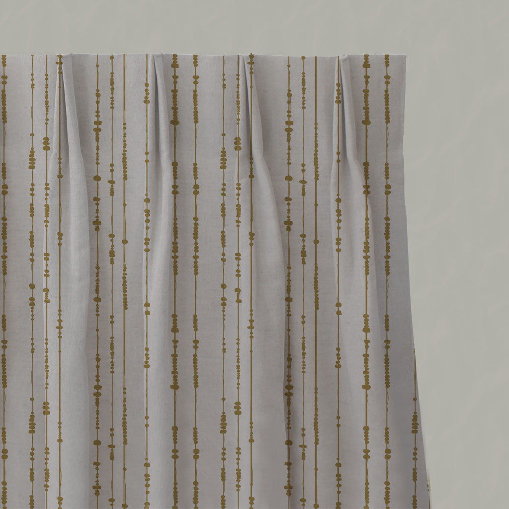 Yellow Patterned Linen Pleated Curtains - Pearls Gold Rod - Natural base fabric.