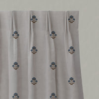 Blue / Brown Floral Linen Pleated Curtains - Penelope Blue Sand - Natural base fabric.