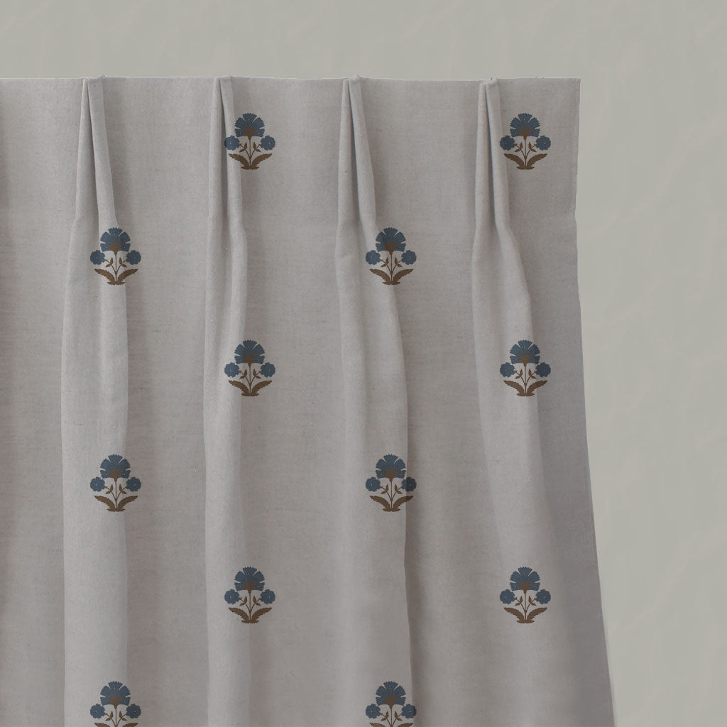 Blue / Brown Floral Linen Pleated Curtains - Penelope Blue Sand - Natural base fabric.