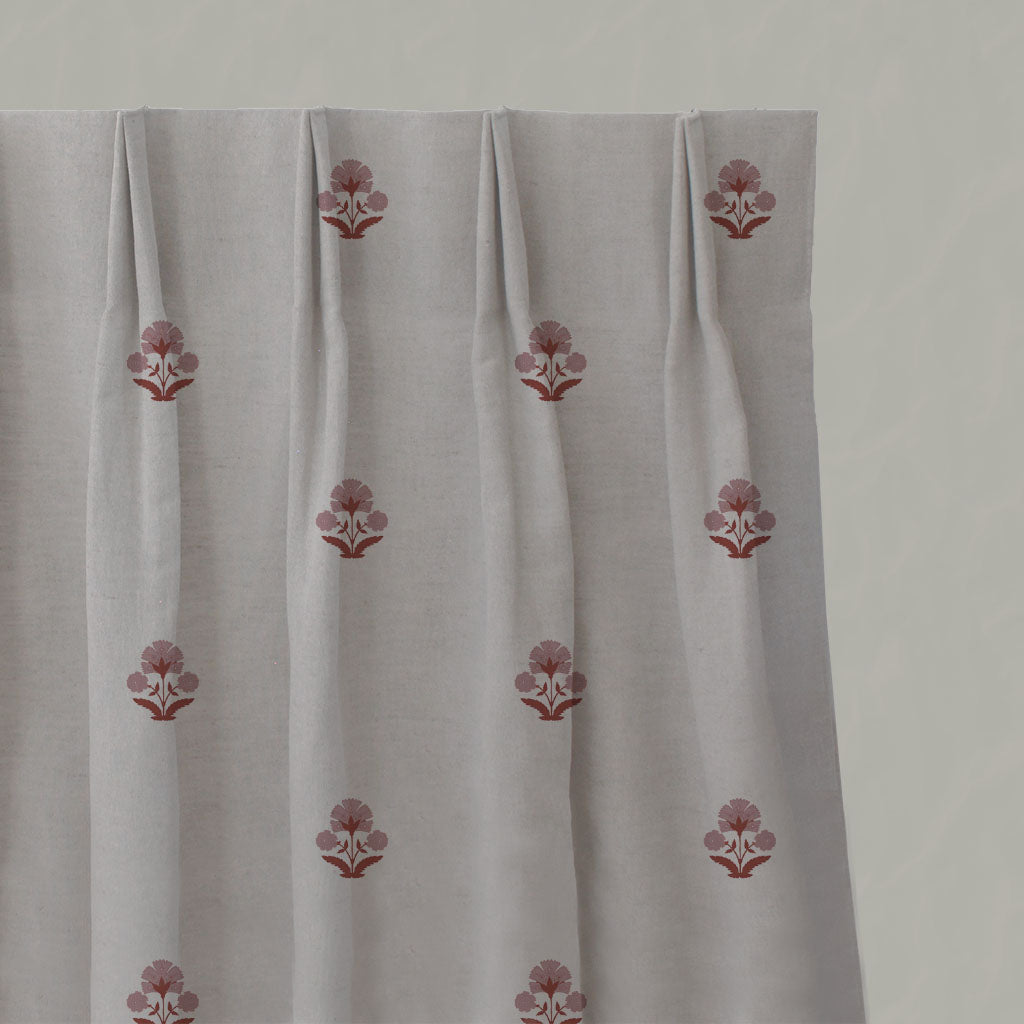 Red / Pink Floral Linen Pleated Curtains - Penelope Pink Red - Natural base fabric.