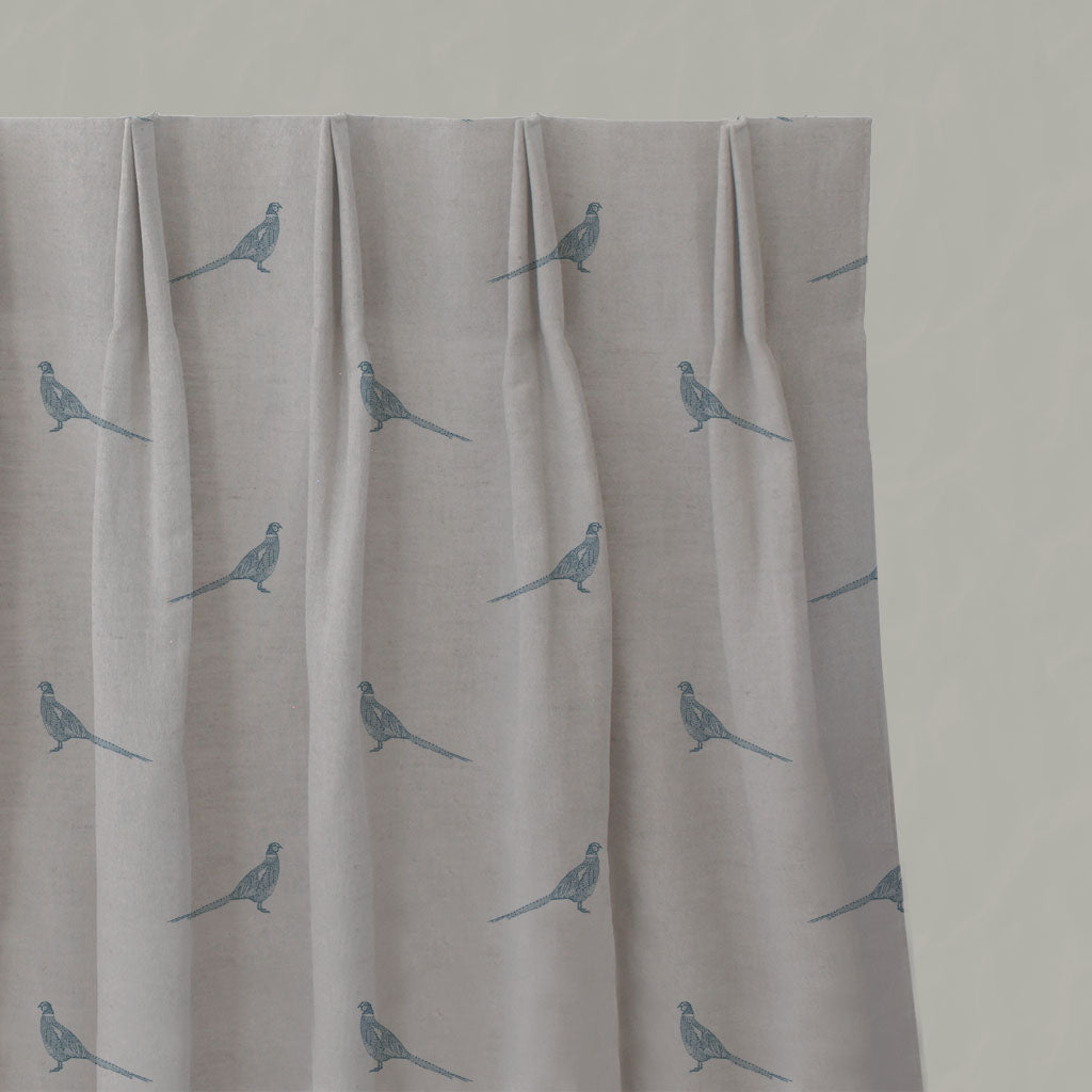 Blue Kids Linen Pleated Curtains - Pheasant True Blue - Natural base fabric.