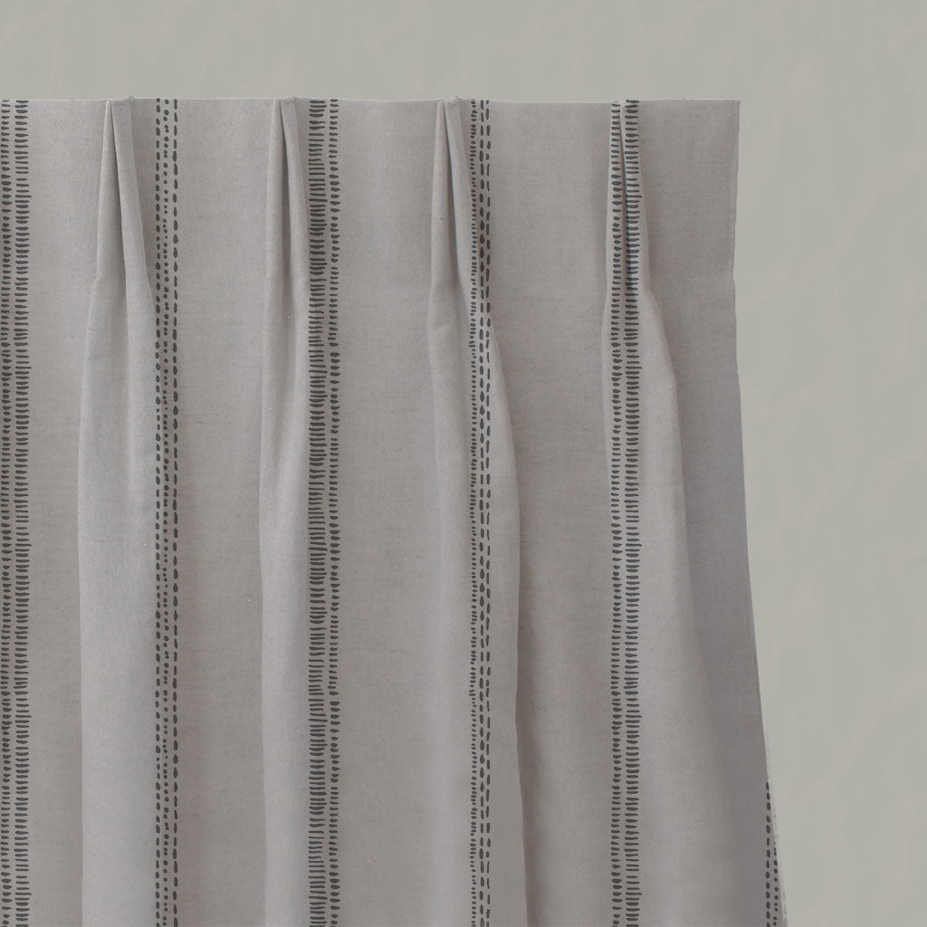 Grey Striped Linen Pleated Curtains - Rae Ash - Natural base fabric.