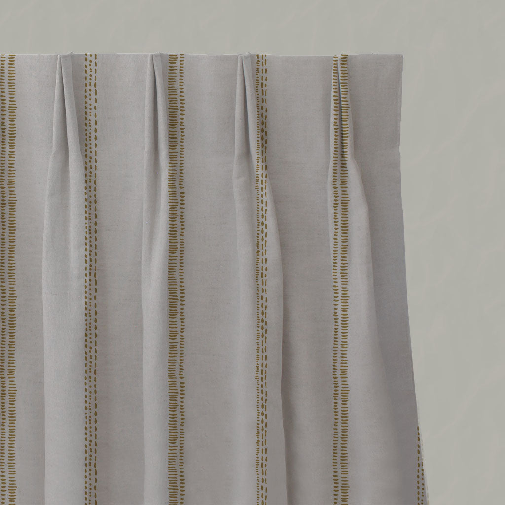 Yellow Striped Linen Pleated Curtains - Rae Gold Rod - Natural base fabric.