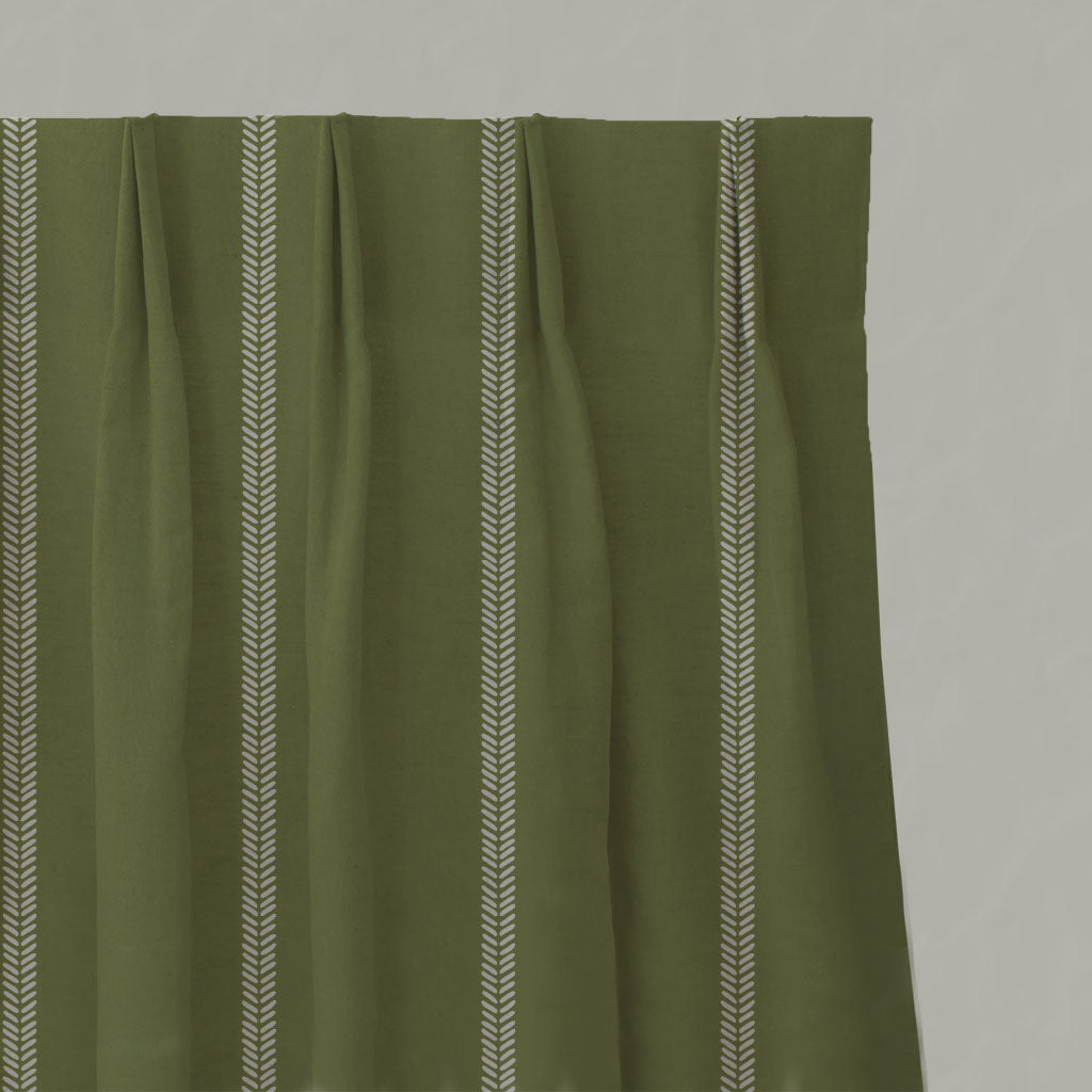 Green Striped Linen Pleated Curtains - Rana Leaf - Natural base fabric.