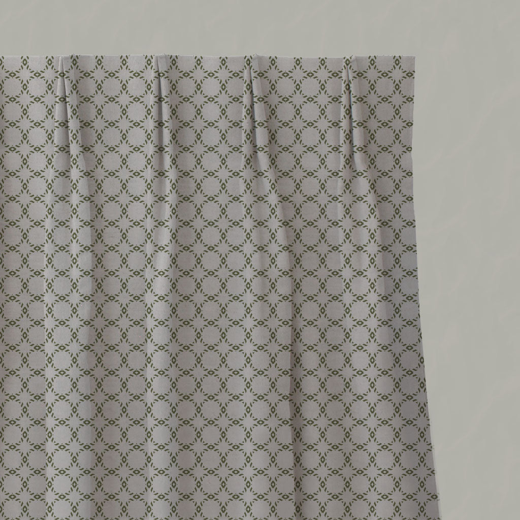 Green Patterned Linen Pleated Curtains - Rosalina Khaki - Natural base fabric.