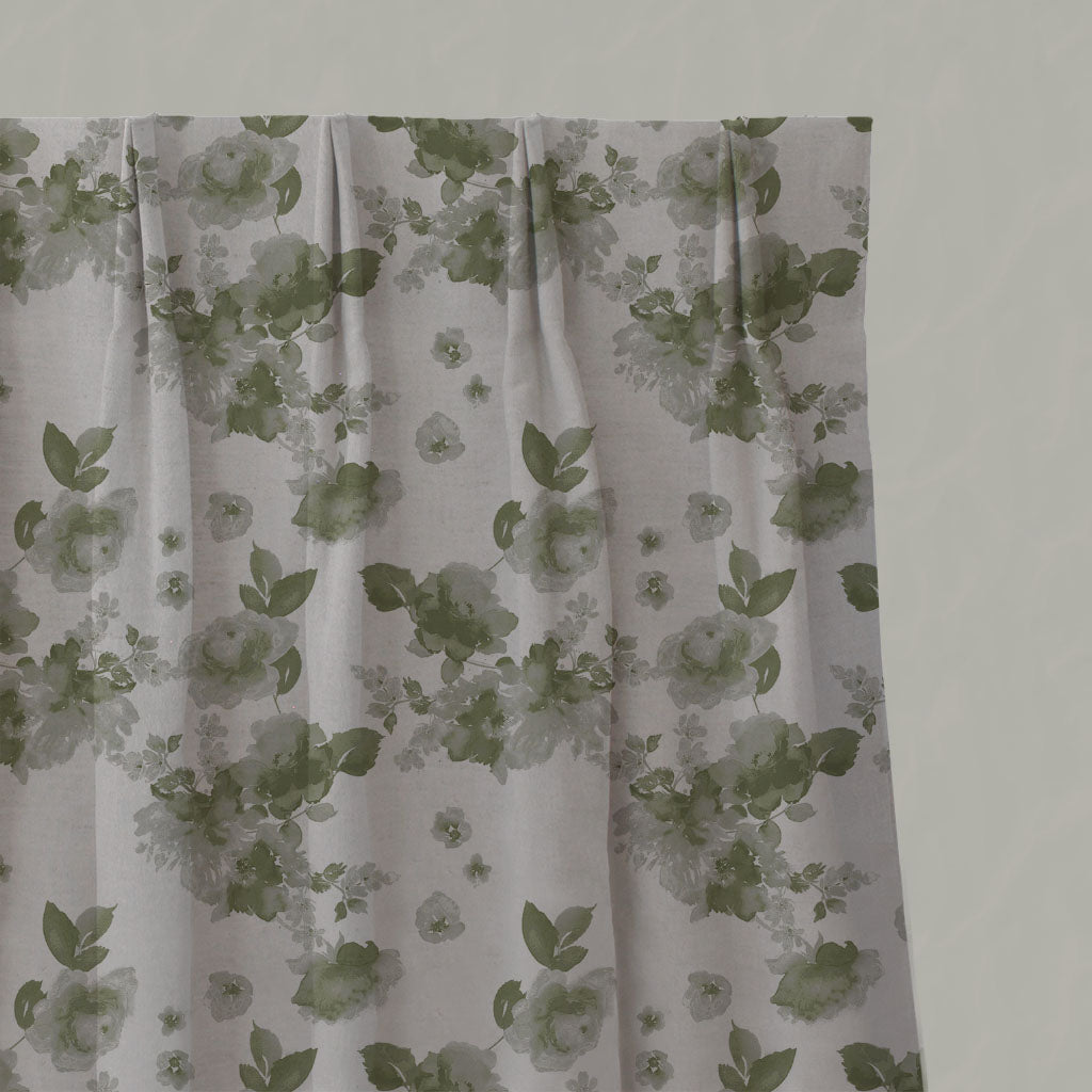 Green Floral Linen Pleated Curtains - Rose Khaki - Natural base fabric.