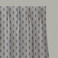 Blue Botanical Linen Pleated Curtains - Sariann Denim - Natural base fabric.