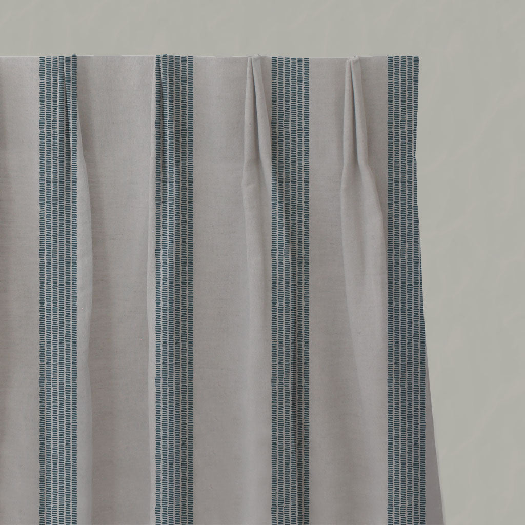 Blue Striped Linen Pleated Curtains - Sumi Blue Stone - Natural base fabric.
