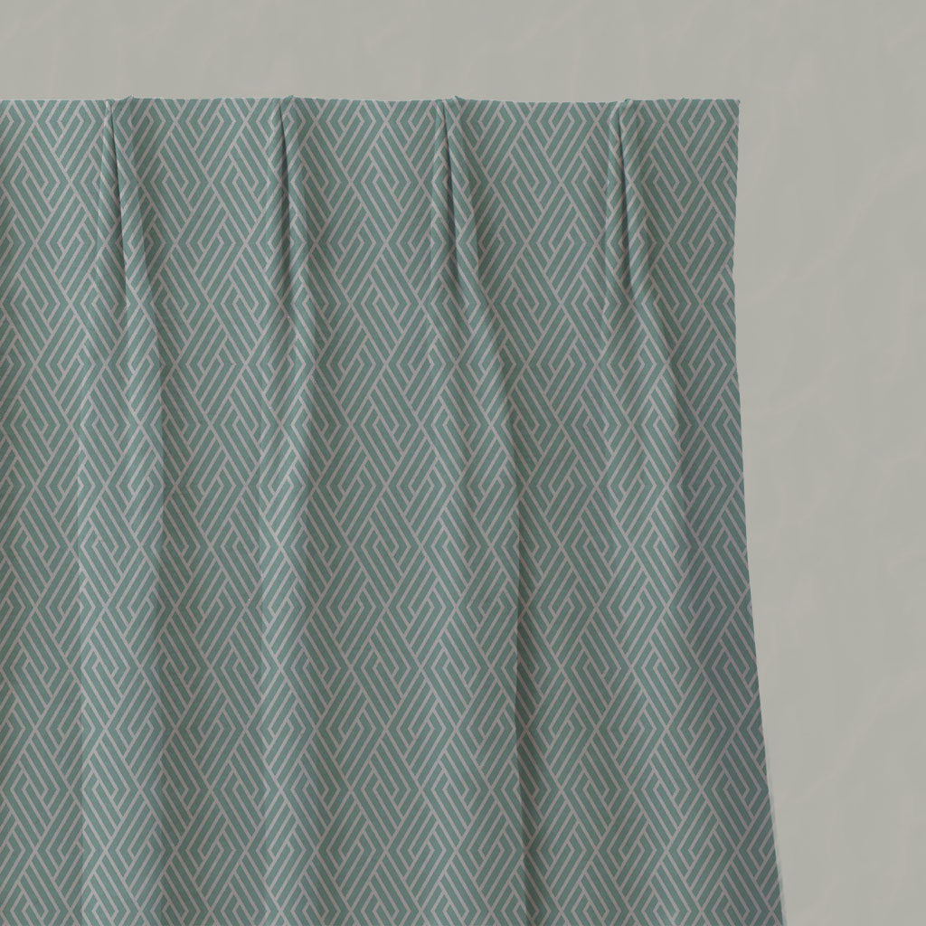 Blue Patterned Linen Pleated Curtains - Vera Duck Egg - Natural base fabric.