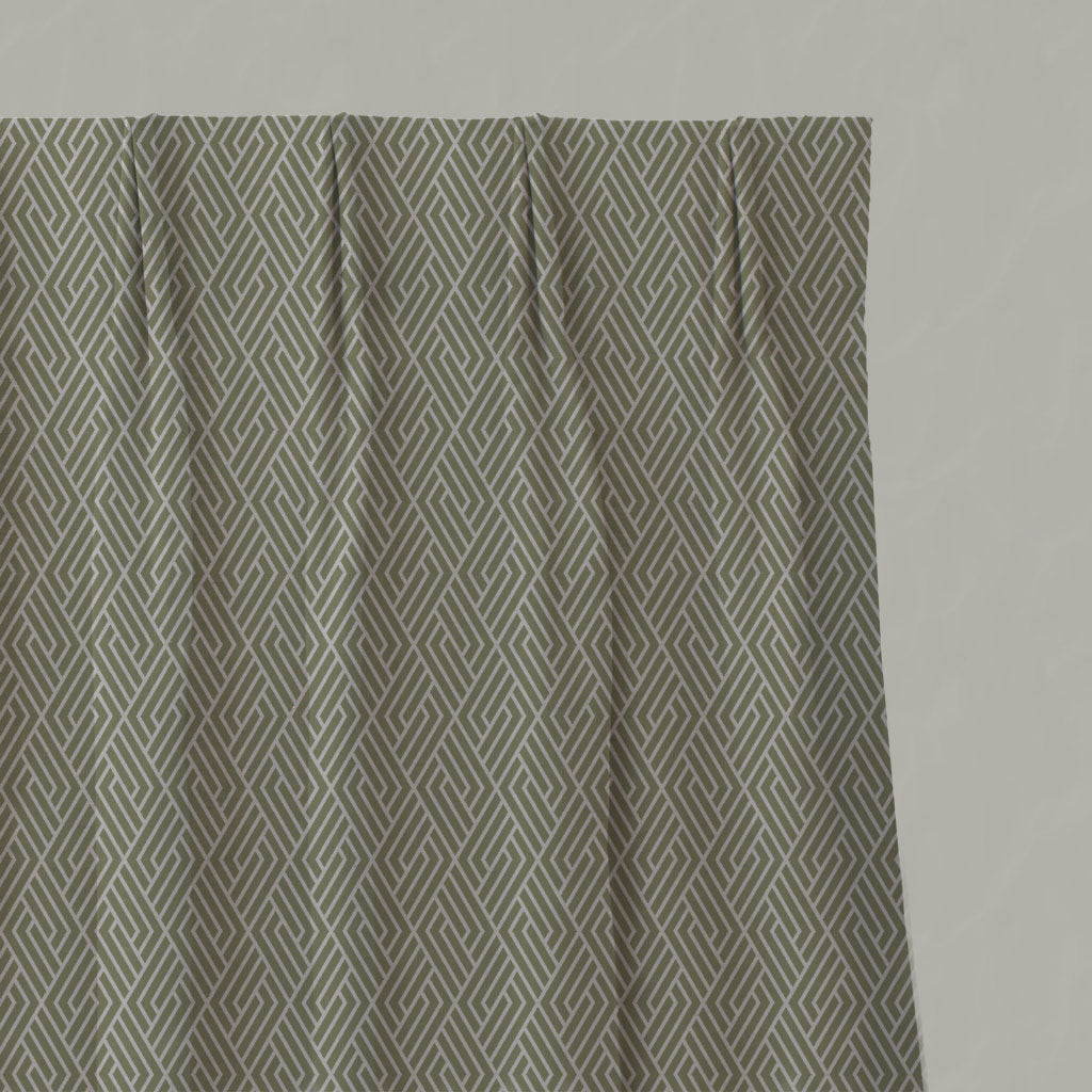 Green Patterned Linen Pleated Curtains - Vera Olive - Natural base fabric.