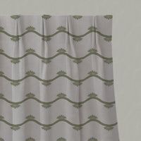 Green Abstract Linen Pleated Curtain - Nelani Khaki - Natural base fabric.