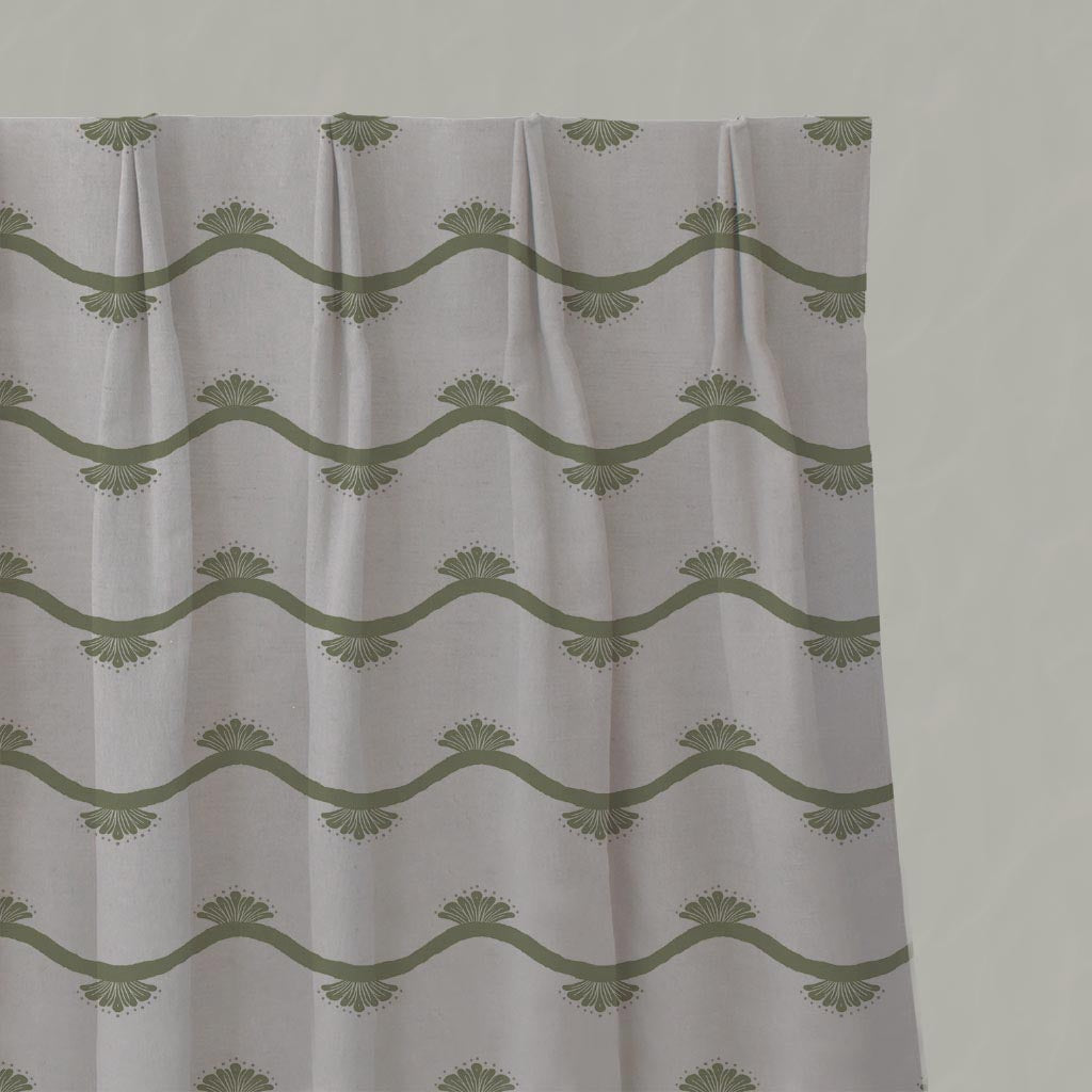 Green Abstract Linen Pleated Curtain - Nelani Khaki - Natural base fabric.