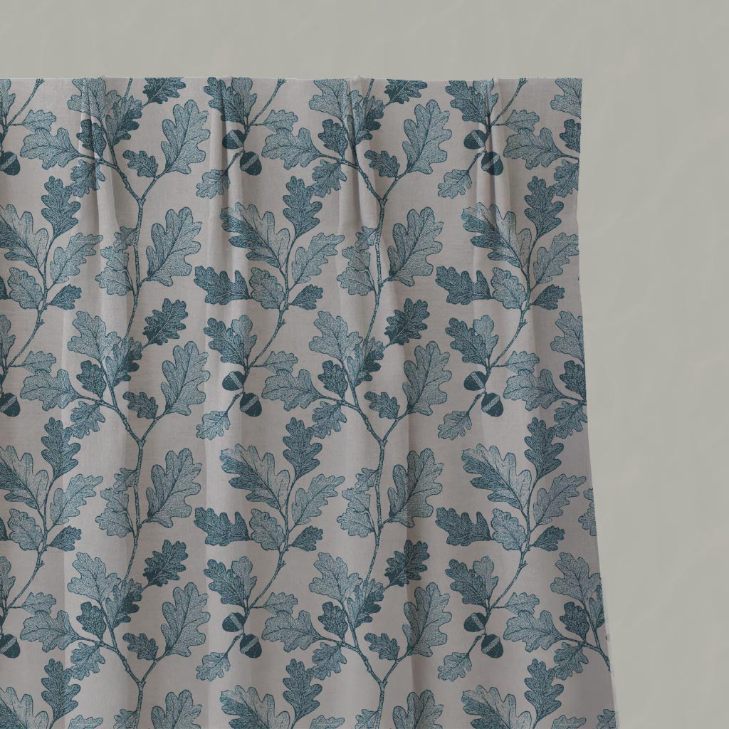 Blue Botanical Linen Pleated Curtain - Olini Blue Stone - Natural base fabric.