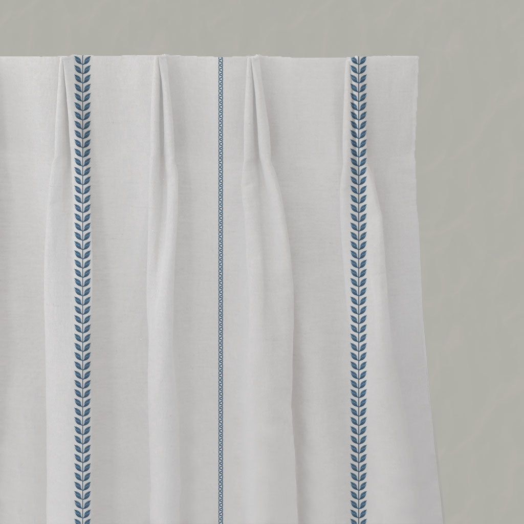 Blue Striped Linen Pleated Curtains - Berit Ink - White base fabric.