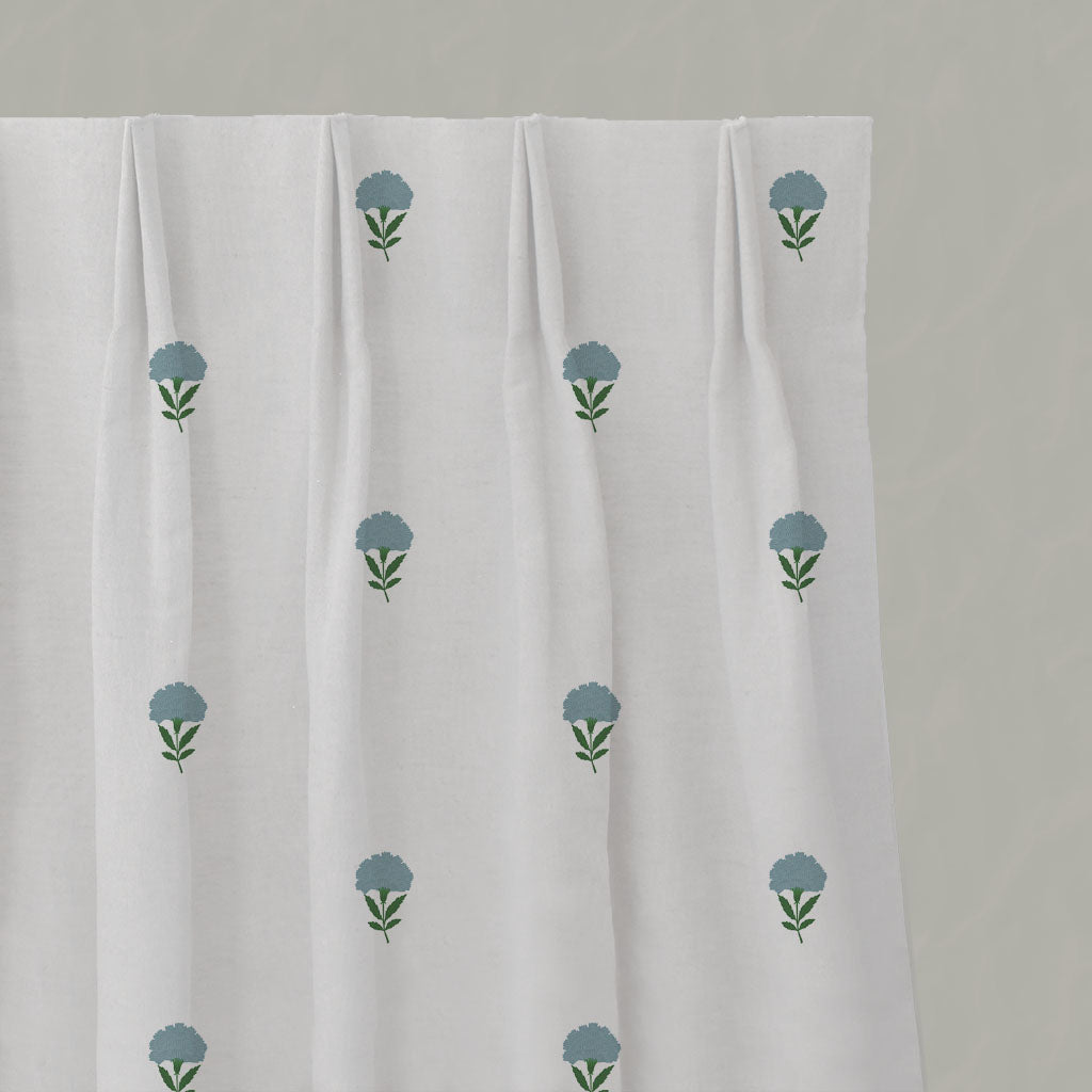 Blue Patterned Linen Pleated Curtains - Cheyenne Blue Grey - White base fabric.