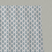 Blue Floral Linen Pleated Curtain - Doris Paris Blue-WHT - White base fabric.