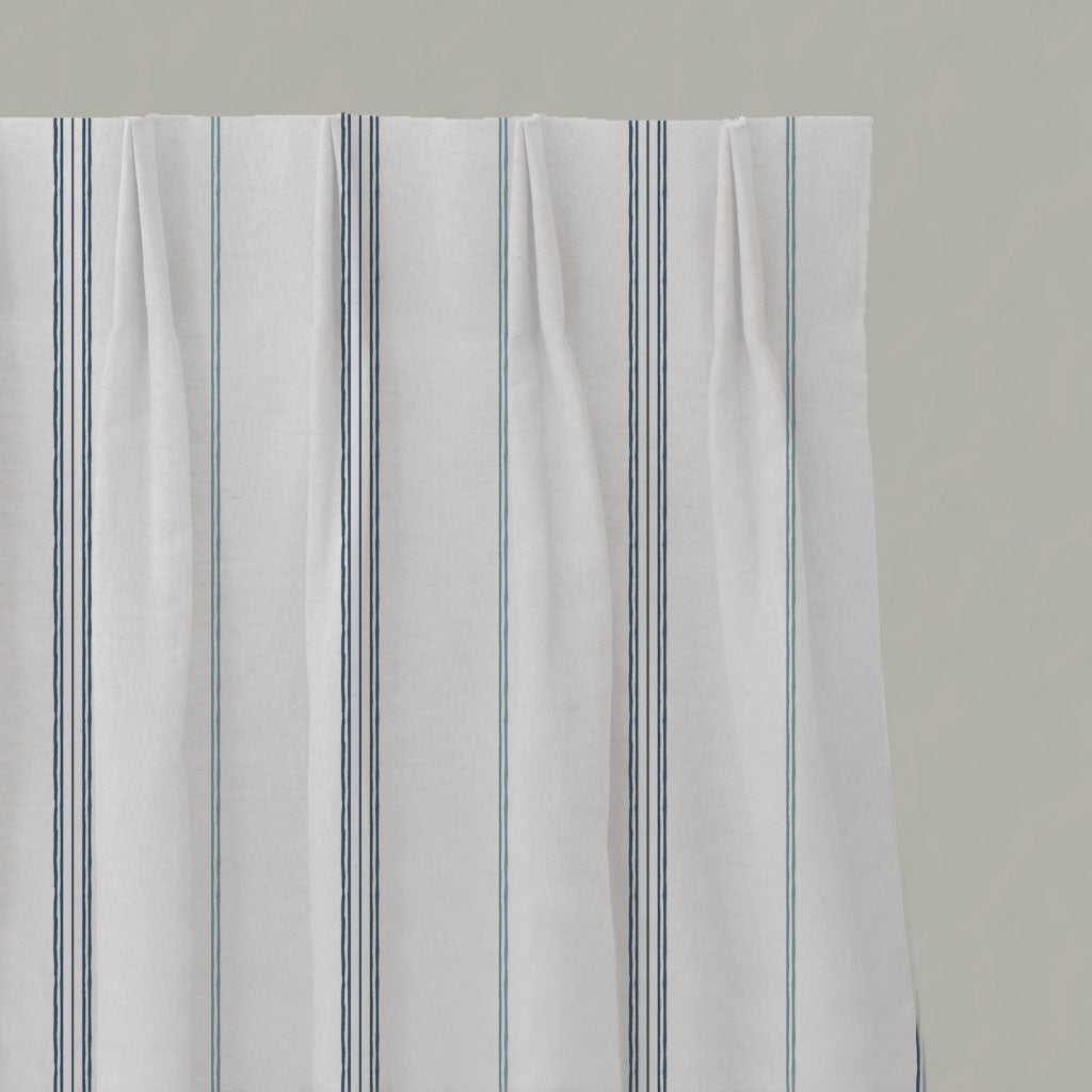 Blue Striped Linen Pleated Curtains - Elise Blue-WHT - White base fabric.