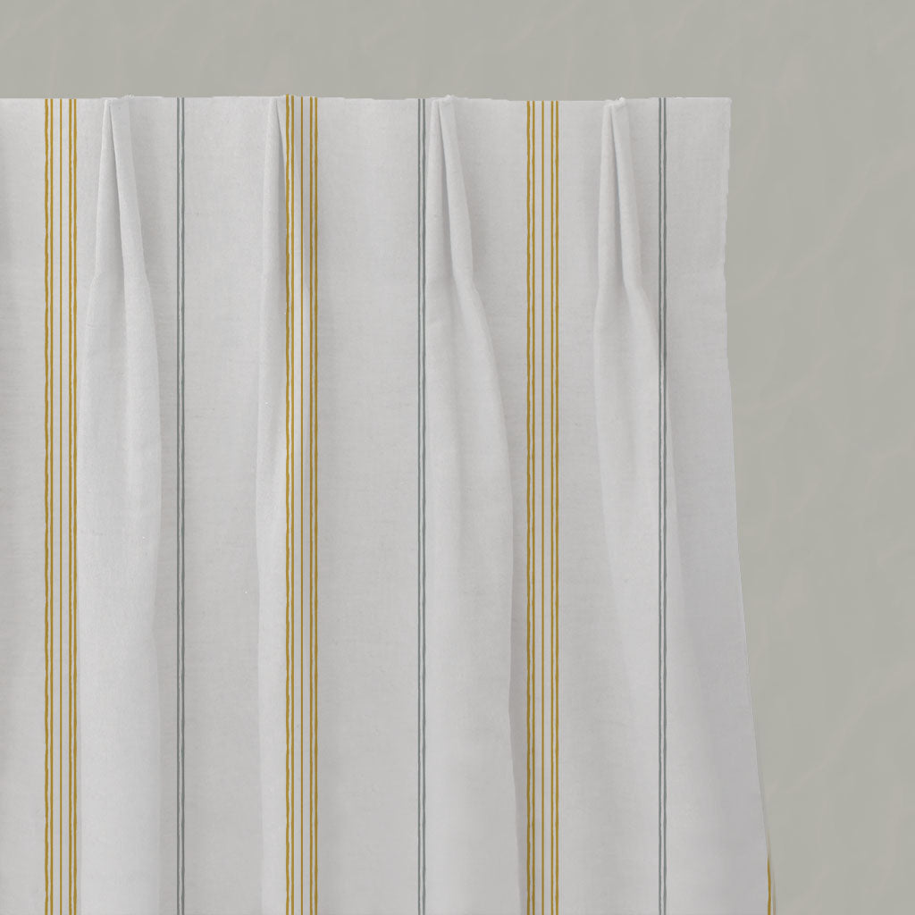 Grey / Yellow Striped Linen Pleated Curtains - Elise Dijon-WHT - White base fabric.