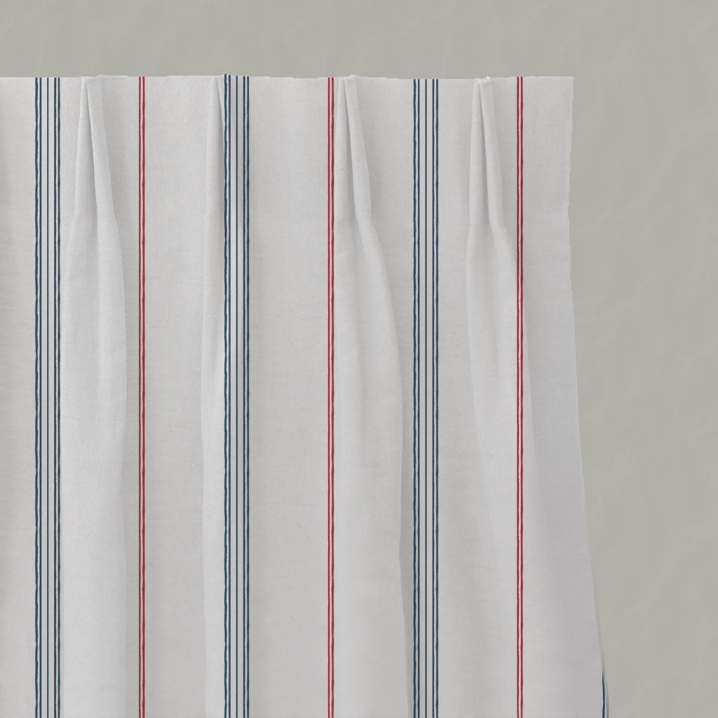 Red / Blue Striped Linen Pleated Curtains - Elise Red-Ink-WHT - White base fabric.