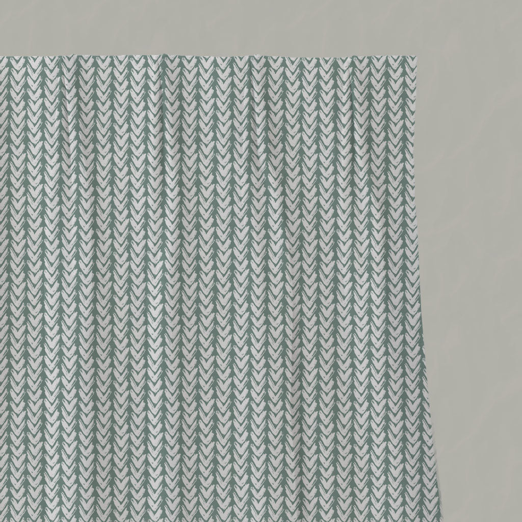 Green Patterned Linen Pleated Curtains - Fia Sage - White base fabric.