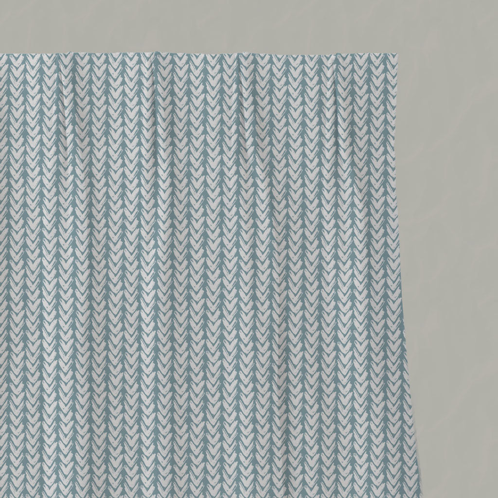 Blue Patterned Linen Pleated Curtains - Fia Shadow Blue - White base fabric.