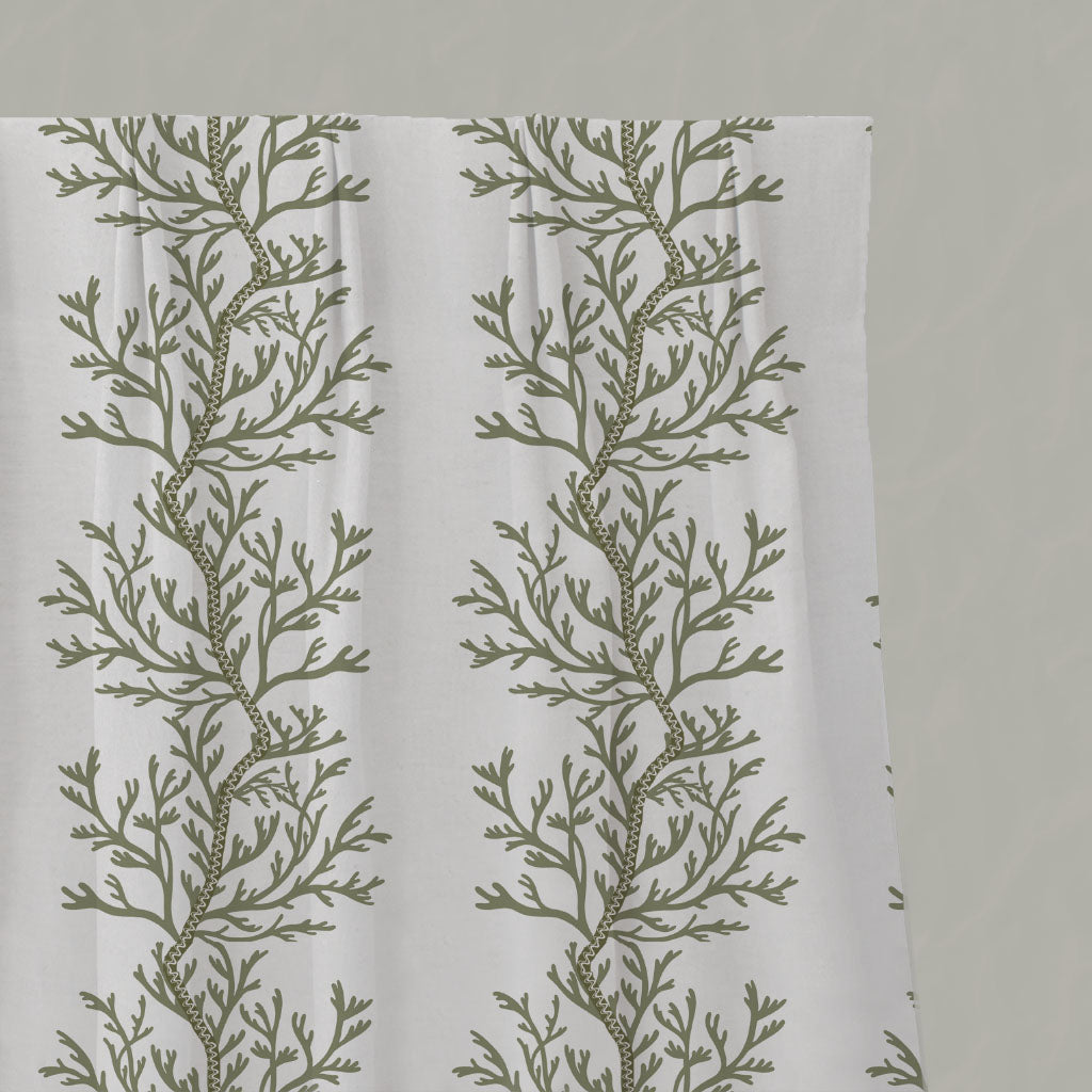 Green Botanical Linen Pleated Curtains - Galilea Moss - White base fabric.