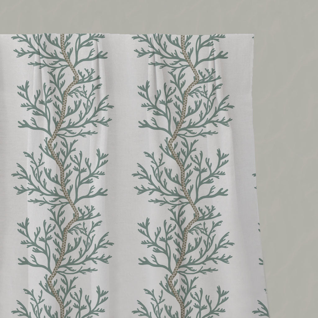 Green Botanical Linen Pleated Curtains - Galilea Sage - White base fabric.