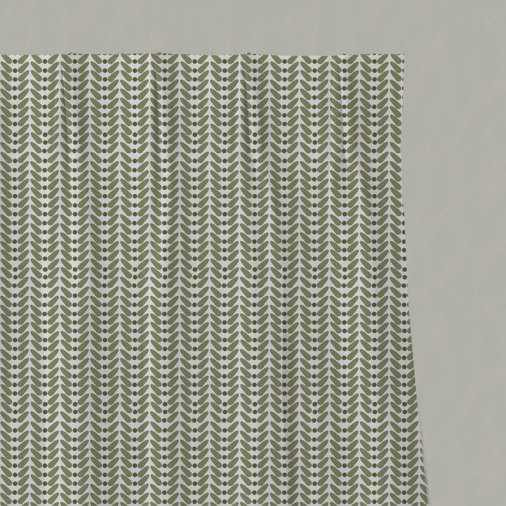Green Patterned Linen Pleated Curtains - Hilda Moss - White base fabric.