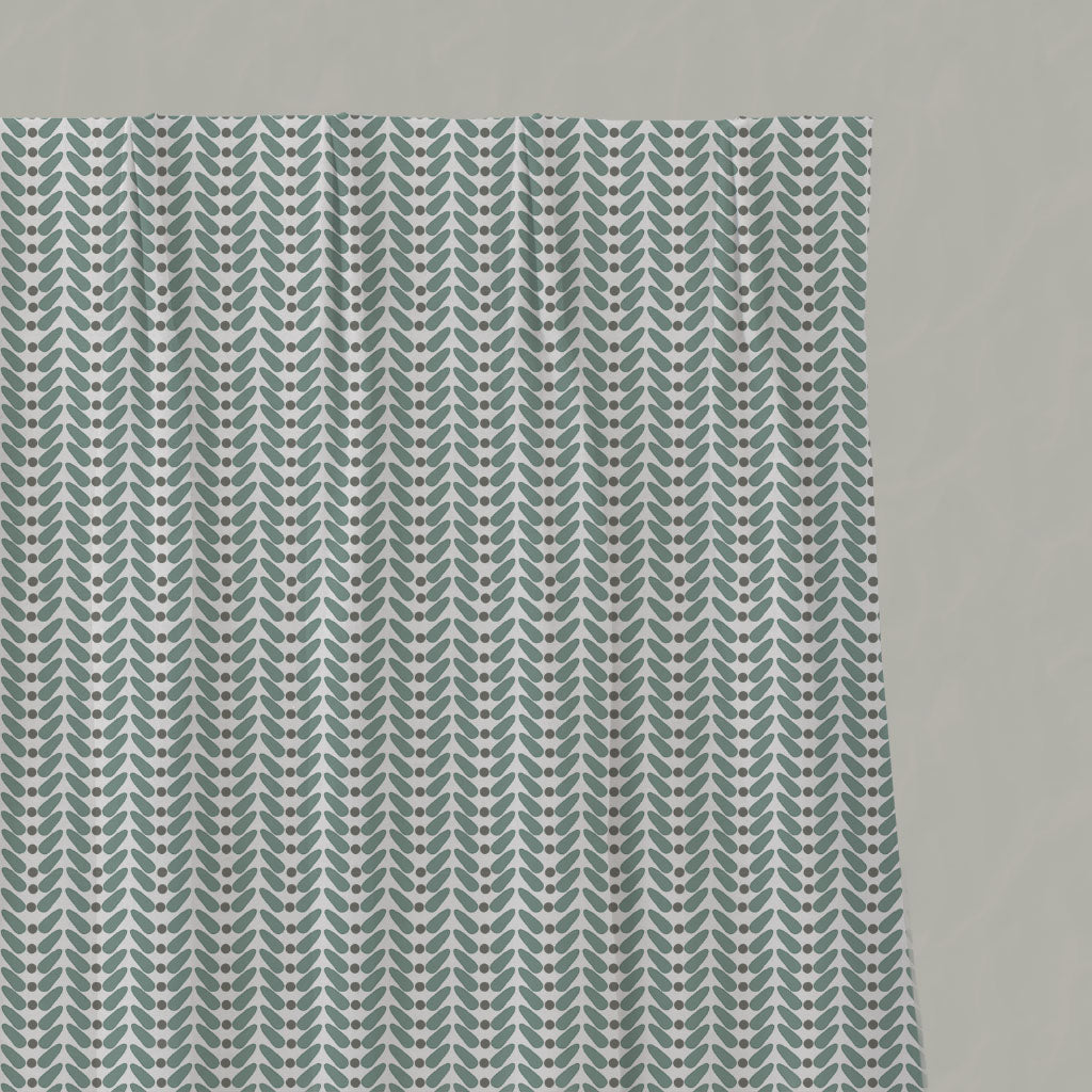 Green Patterned Linen Pleated Curtains - Hilda Sage - White base fabric.