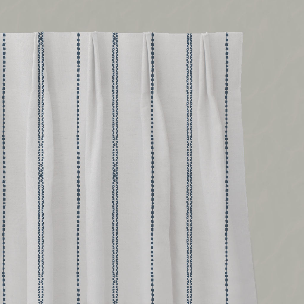 Blue Striped Linen Pleated Curtains - Inga Ink - White base fabric.