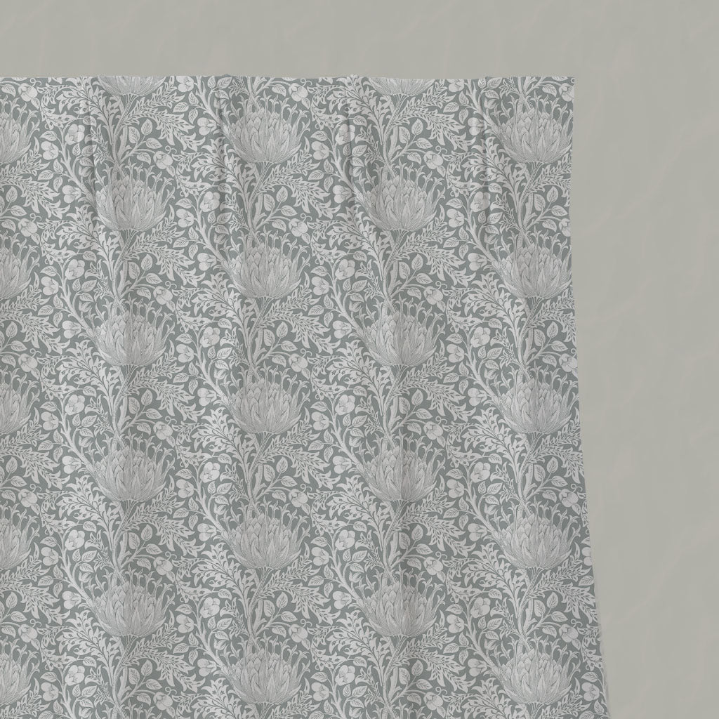 Grey Floral Linen Pleated Curtains - Katarina Greige - White base fabric.
