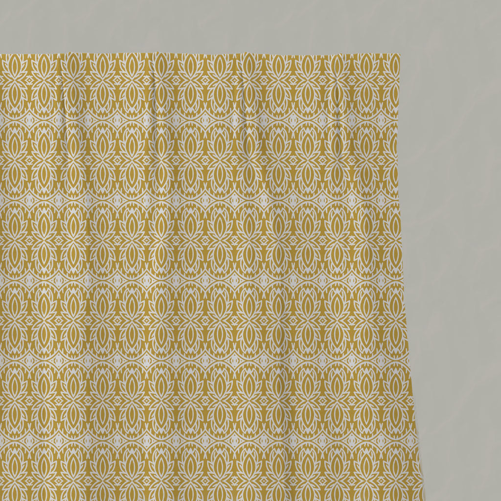 Yellow Patterned Linen Pleated Curtains - Kjersti Dijon - White base fabric.