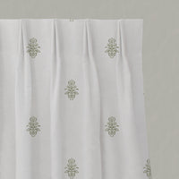 Green Floral Linen Pleated Curtains - Lisana Moss - White base fabric.