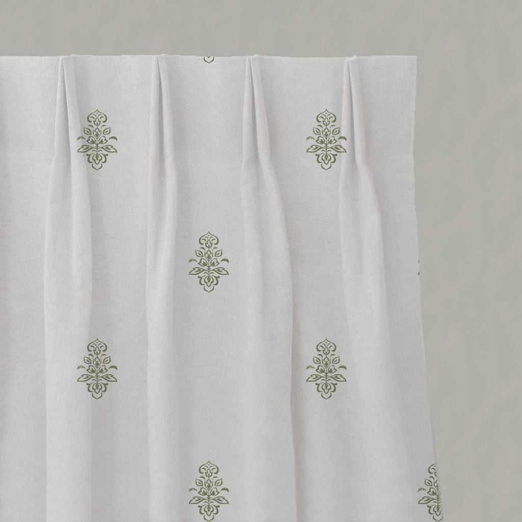 Green Floral Linen Pleated Curtains - Lisana Moss - White base fabric.
