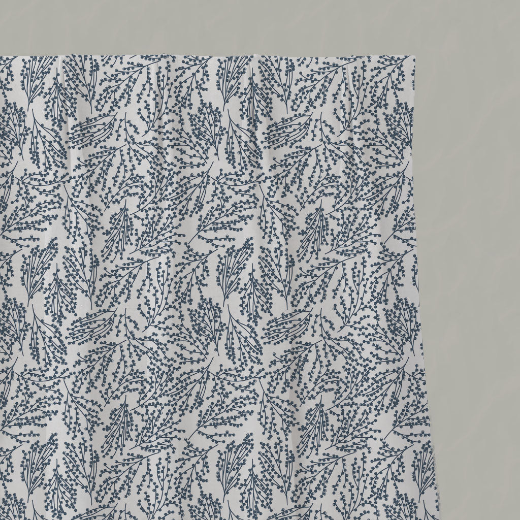 Blue Botanical Linen Pleated Curtains - Lisbell Ink -WHT - White base fabric.