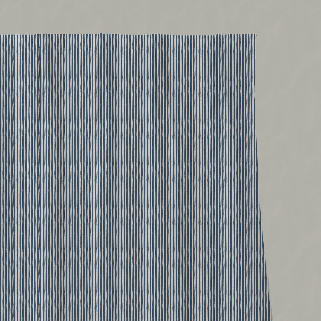 Blue Striped Linen Pleated Curtains - Maisa Ink - White base fabric.