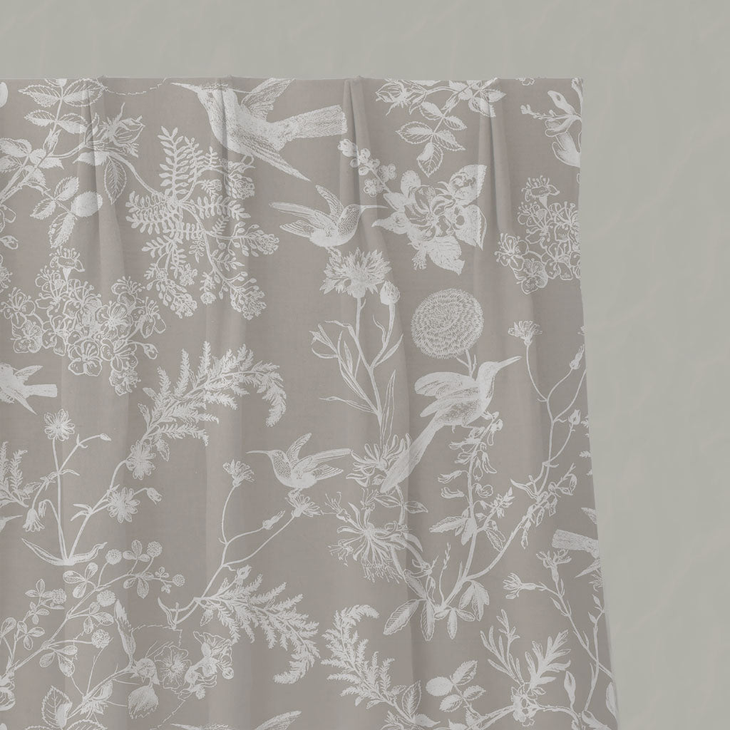 Neutral / Grey Floral Linen Pleated Curtains - Marianne Almond - White base fabric.