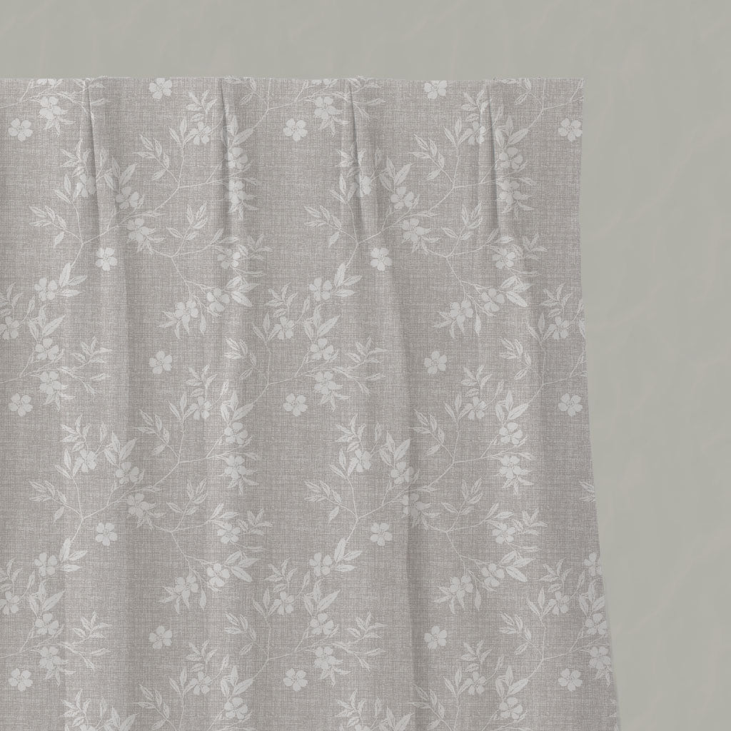 Neutral / Grey Floral Linen Pleated Curtains - Merisa Grey Sand - White base fabric.