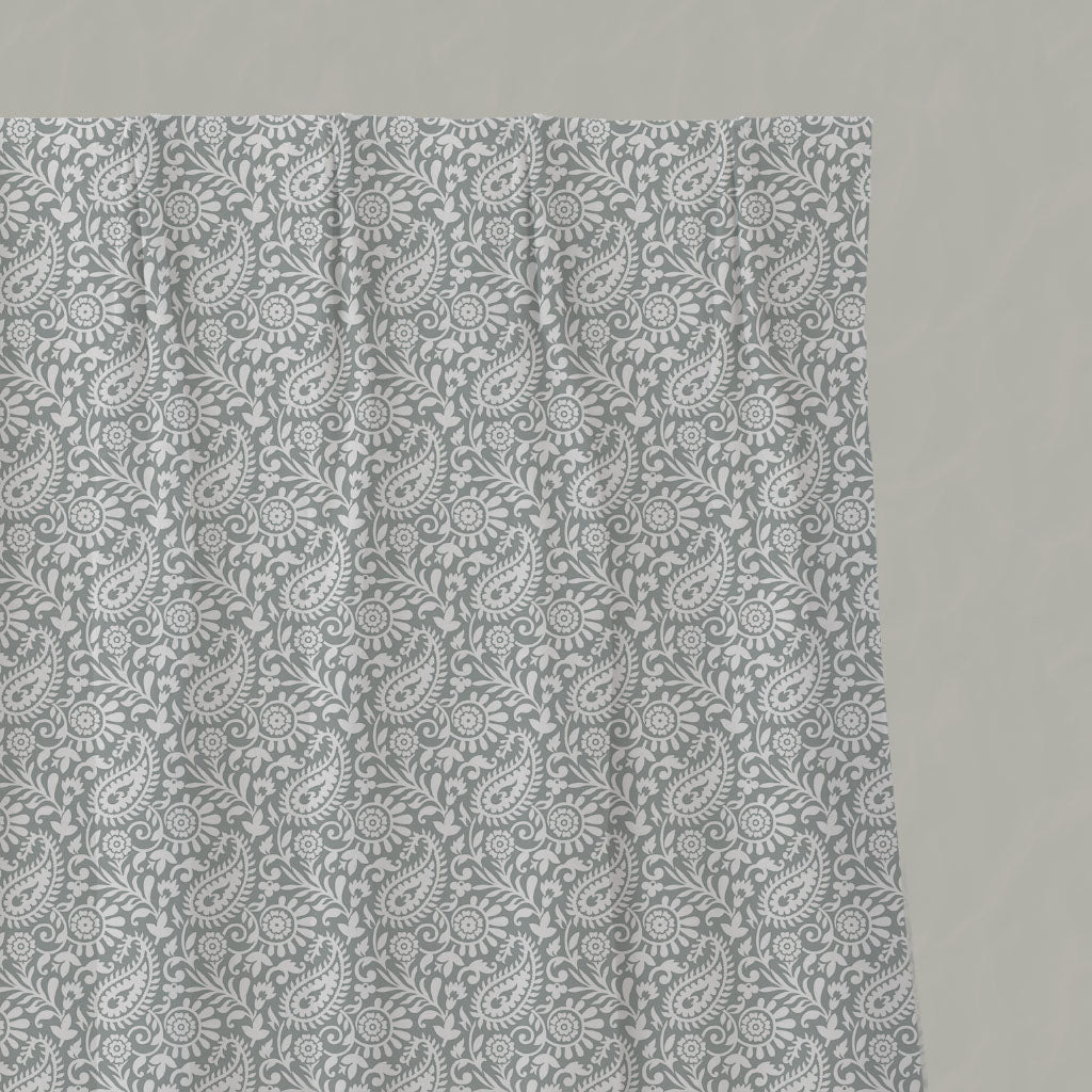 Grey Patterned Linen Pleated Curtains - Nora Greige-WHT - White base fabric.