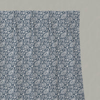 Blue Patterned Linen Pleated Curtains - Nora Ink-WHT - White base fabric.