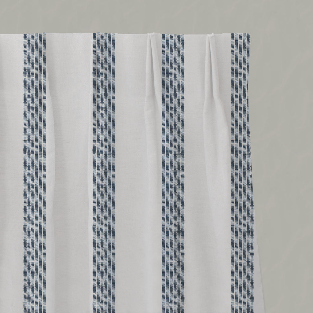 Blue Striped Linen Pleated Curtains - Sumi Ink-WHT - White base fabric.