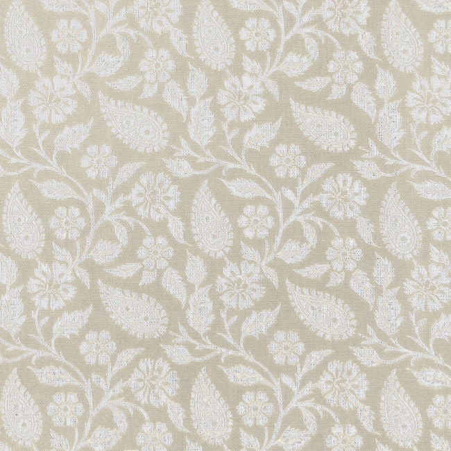 Sonja Powder Sand - White Linen fabric, Light Brown paisley print