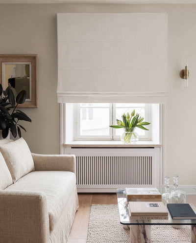 Pure White 100% Linen Roman Blind with Blackout lining. Beata Brilliant White by Ada & Ina Fabrics