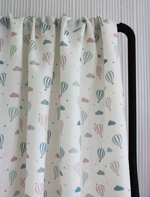 Sky Ride Pink - Linen fabric, Pink and Blue pattern with hot air balloons - Kids print!