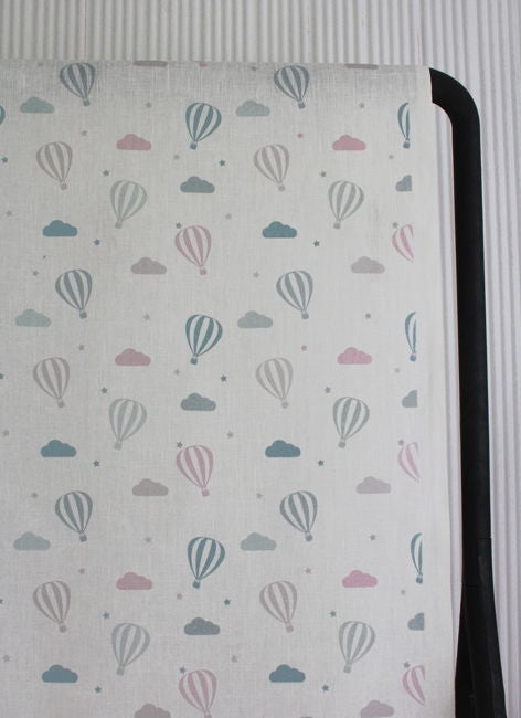 Sky Ride Pink - Linen fabric, Pink and Blue pattern with hot air balloons - Kids print!