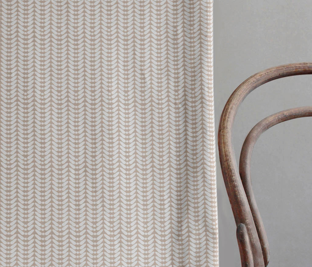 Hirlev-INV-WHT Taupe - White curtain fabric printed with Light Brown abstract print